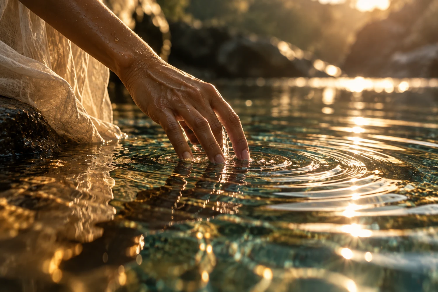 Una mano sfiora l'acqua creando cerchi concentrici